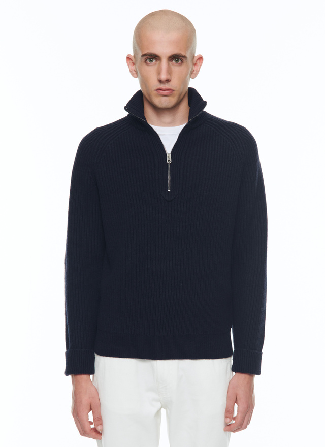 Men's sweater navy blue wool Fursac - A2CAMI-CA02-D030