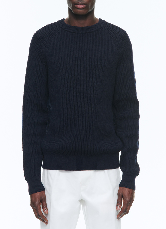 Men's sweater navy blue cotton and traceable wool Fursac - A2DCOT-DA02-D030