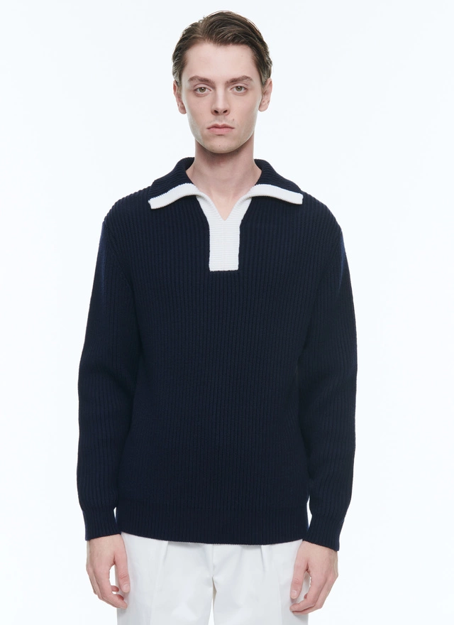 Men's sweater navy blue wool and cotton Fursac - A2DANC-DA10-D030