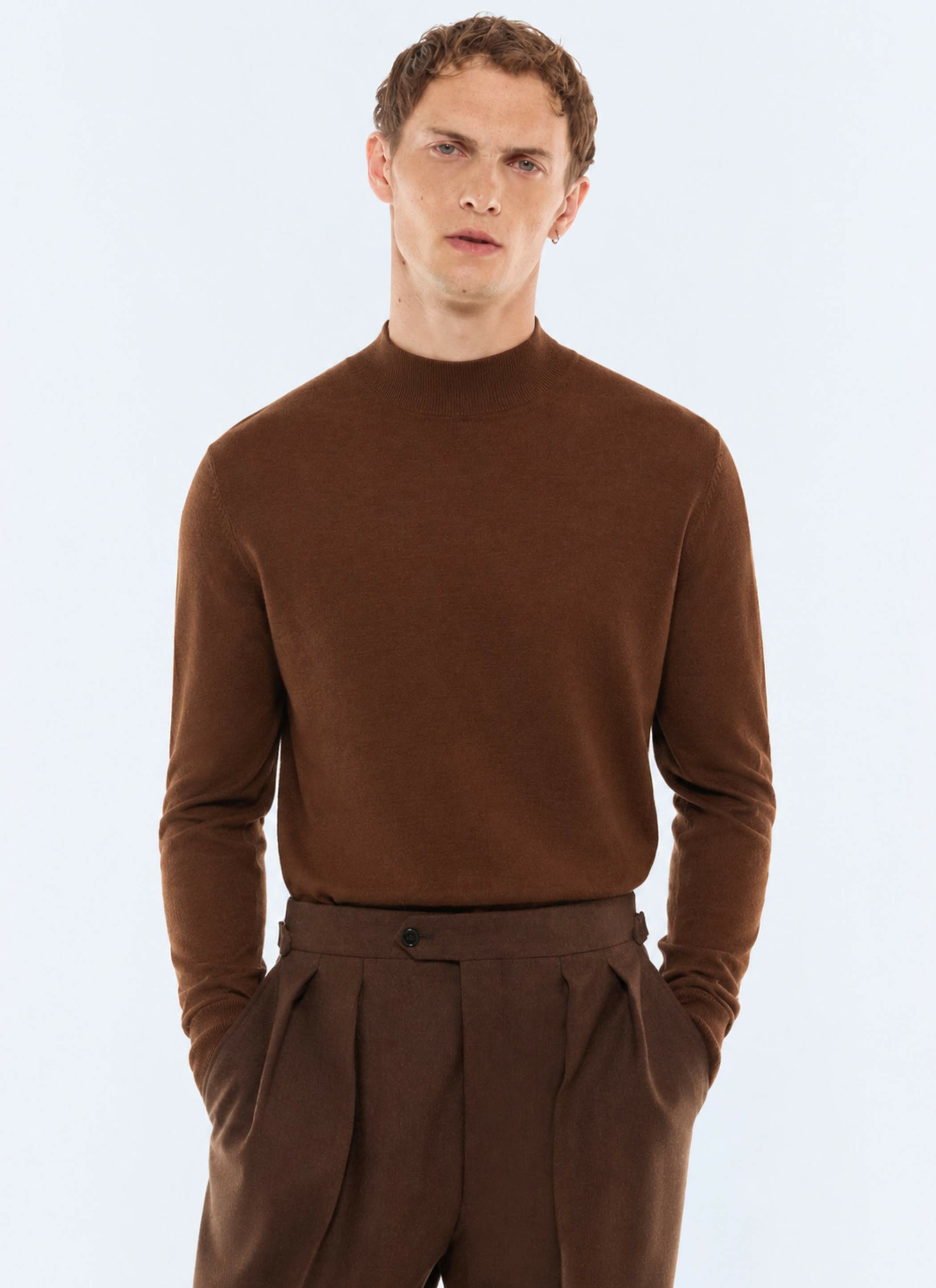 FURSAC - Mock-neck Merino wool sweater - Men - Size XL - Brown