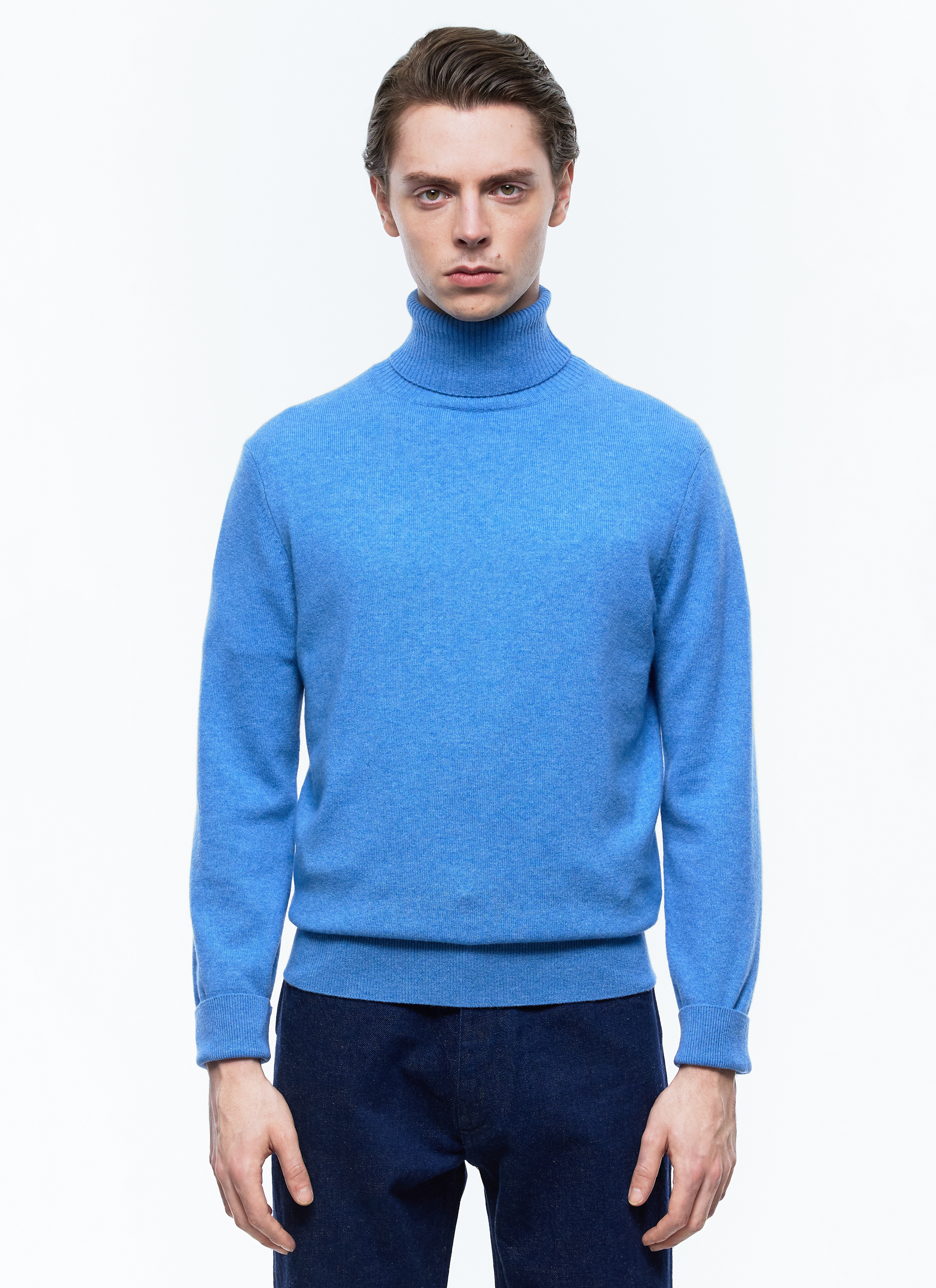 Polo Neck Jumper Mens Blue Cashmere Jumper Wool And Cashmere Roll - Main Image