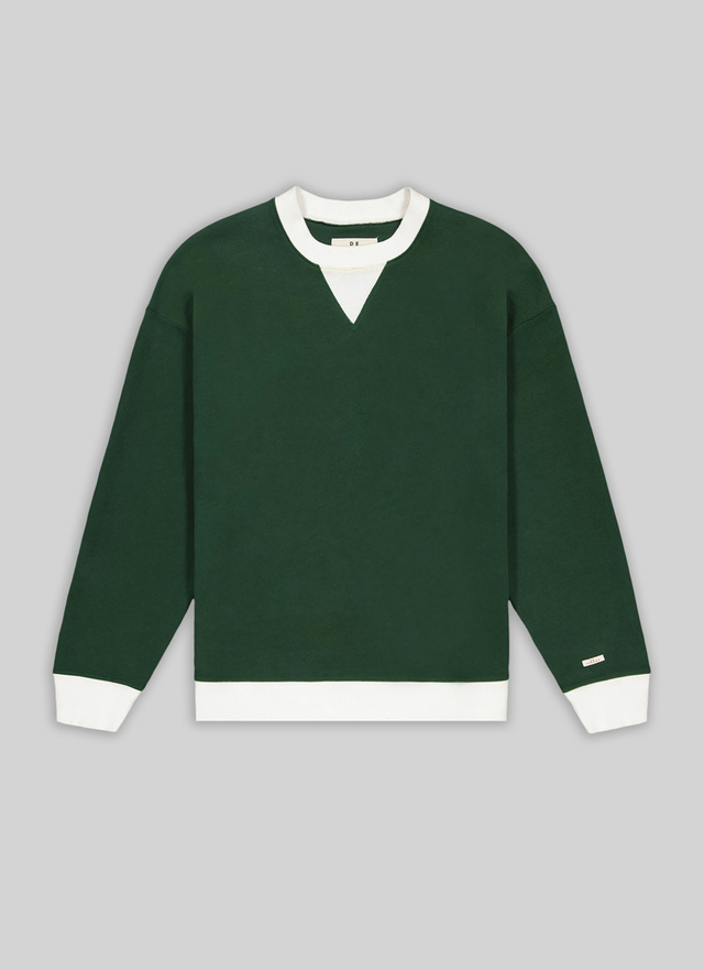 green sweatshirt with white collar