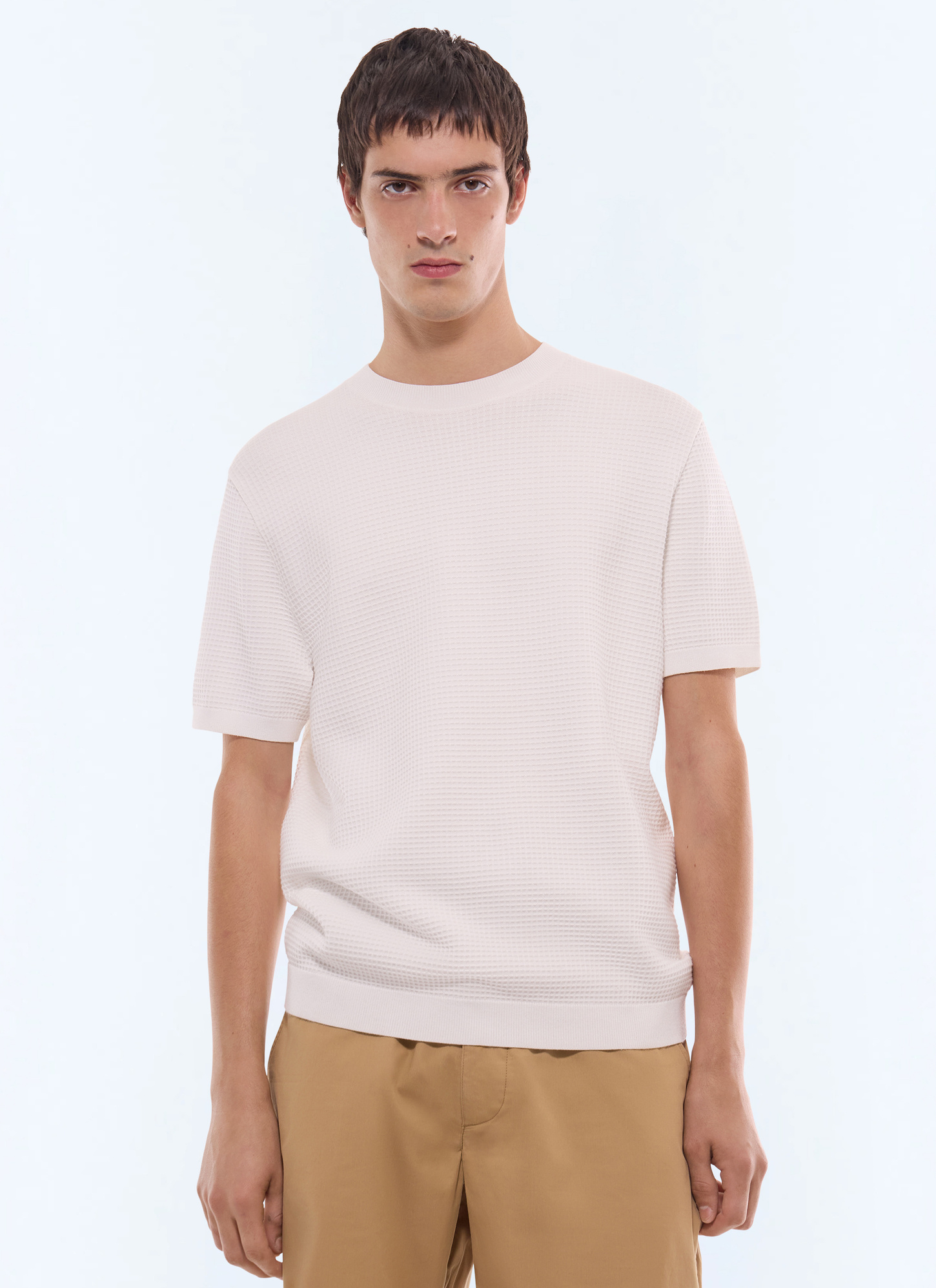 T-shirt homme blanc cassé maille gaufrée en viscose et polyester Fursac - A2JOAN-JA12-A001