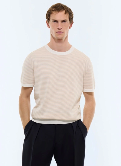 T-shirt homme rayures blanches et beiges coton mercerisé Fursac - A2SATU-JA22-A006