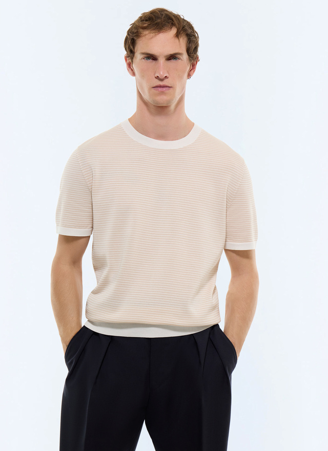 T-shirt homme rayures blanches et beiges coton mercerisé Fursac - A2SATU-JA22-A006