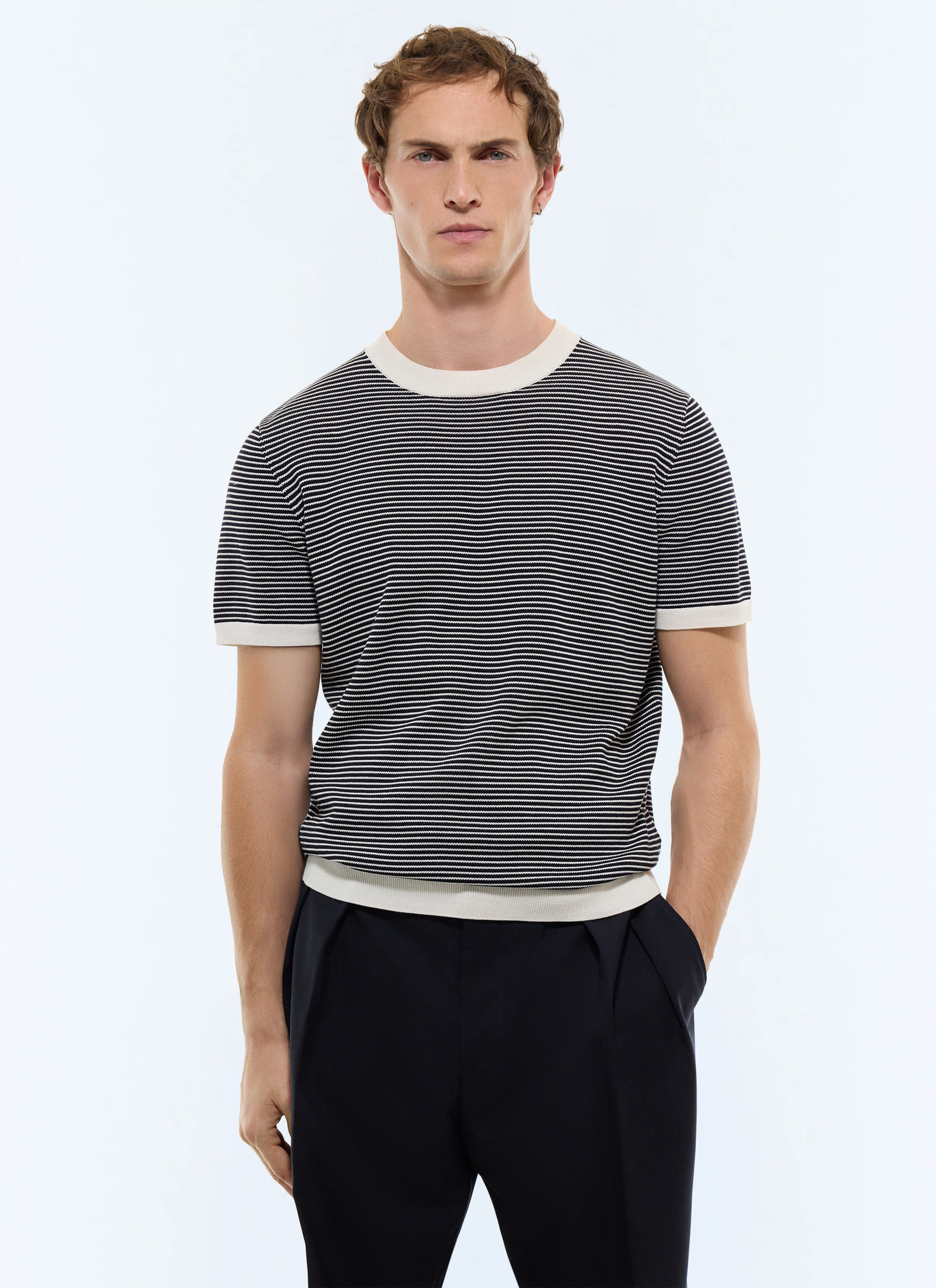 T-shirt homme rayures blanches et bleu marine coton mercerisé Fursac - A2SATU-JA22-D030