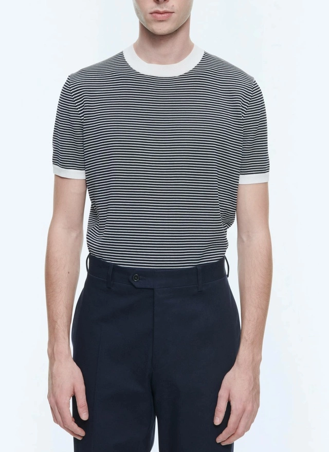 T-shirt homme rayures écrues et bleu marine coton mercerisé Fursac - A2SATU-SA02-30