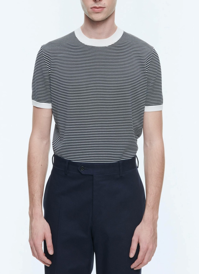 Men's t-shirt ecru and navy blue stripes mercerized cotton Fursac - A2SATU-SA02-30