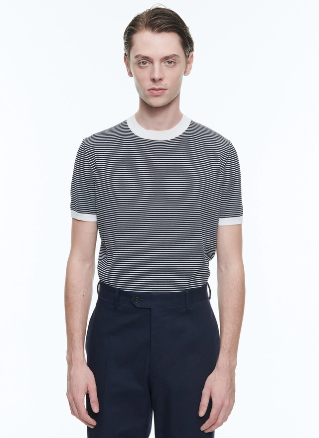Men's t-shirt ecru and navy blue stripes mercerized cotton Fursac - A2SATU-SA02-30