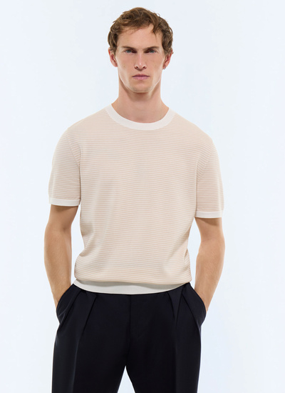 Men's t-shirt white and beige stripes mercerized cotton Fursac - A2SATU-JA22-A006