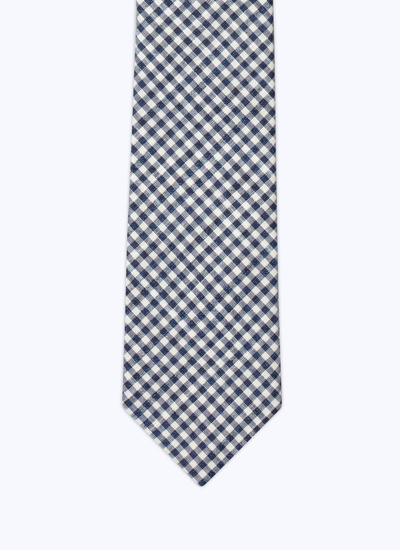 Men's tie white and blue gingham pattern wool, cotton and linen canvas Fursac - F2OTIE-DV04-D027