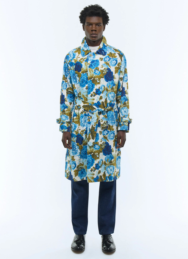 Men's trench coat blue floral pattern cotton and linen canvas Fursac - M3BIMA-FX12-L002