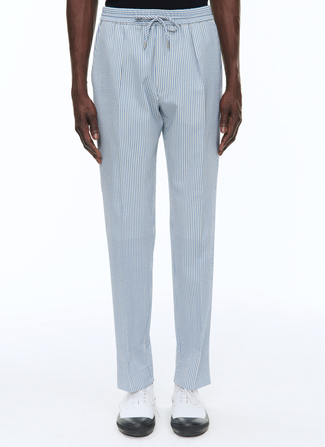 Men's trousers white and blue stripes virgin wool seersucker Fursac - 23EP3VOKY-BX05/34