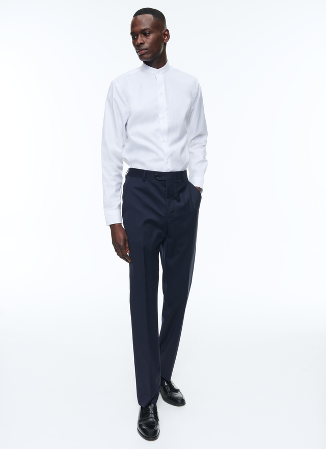 Mens Slim Fit Solid Navy Blue Flat Front Wool Dress Pants | The Suit Depot