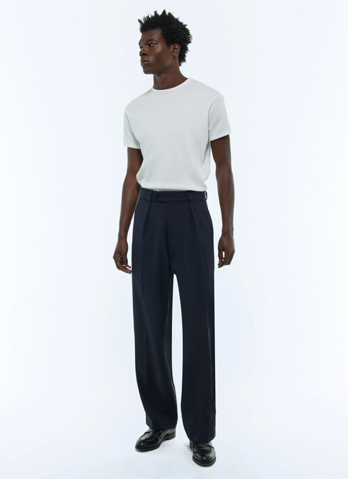 Pleated wide-leg wool canvas pants