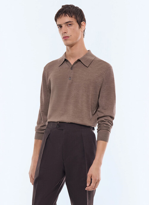 Long-sleeved merino wool polo shirt