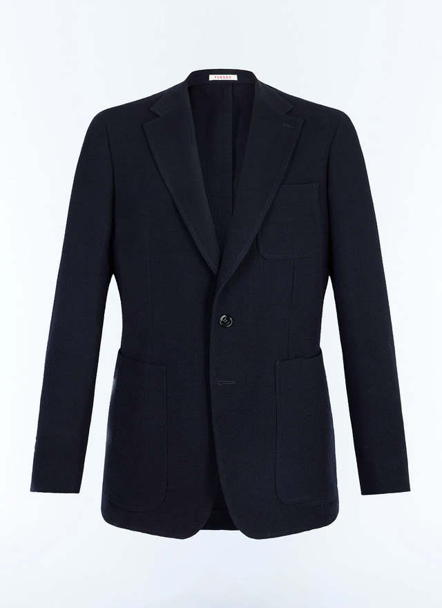 Veste bleu homme seersucker de laine vierge certifiée effet crêpe Fursac - V3JADO-JX04-D030