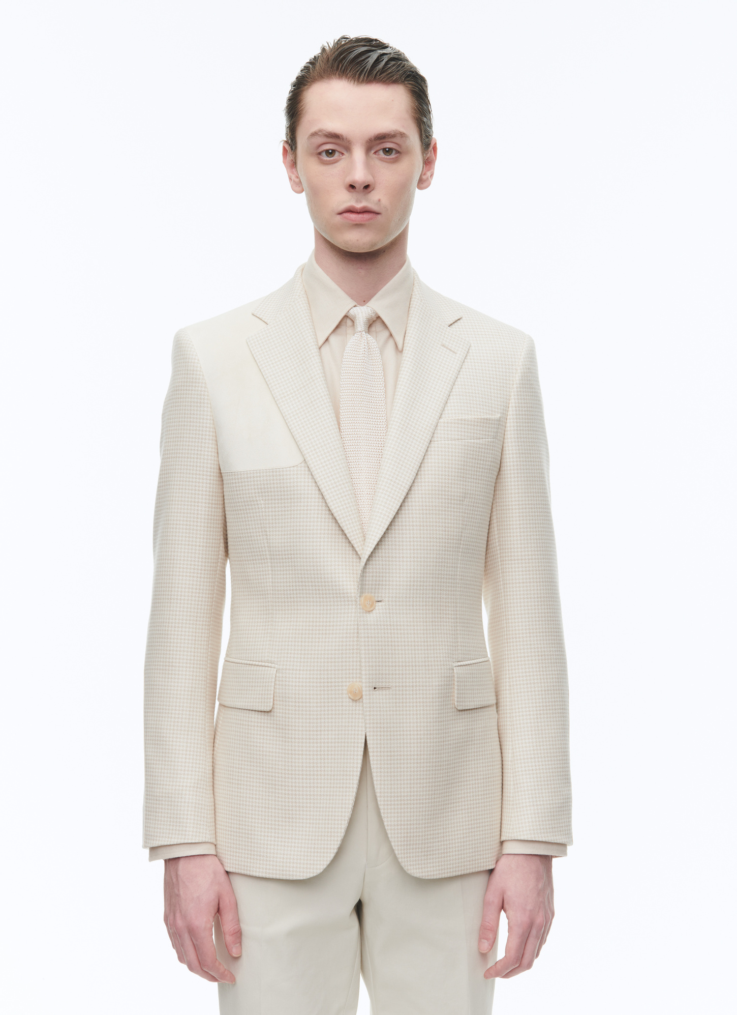 Veste homme pied-de-poule beige laine vierge et suédine de coton Fursac - V3CILA-CV09-A004